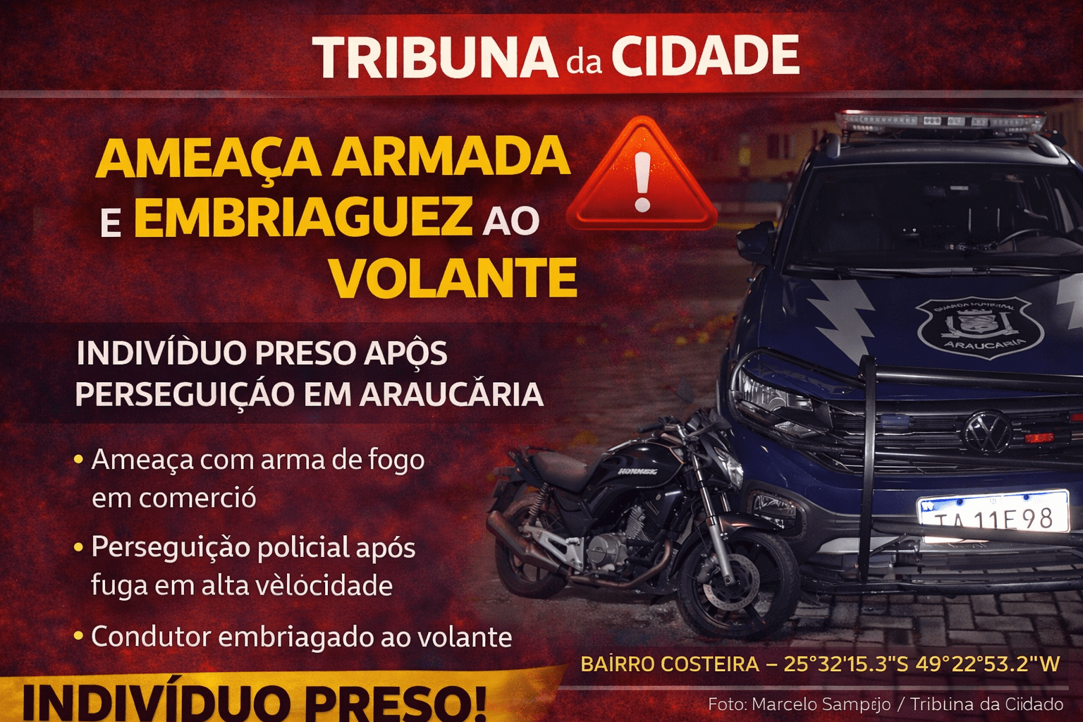 AMEAÇA COM ARMA DE FOGO E EMBRIAGUEZ AO VOLANTE TERMINA EM PERSEGUIÇÃO E PRISÃO EM ARAUCÁRIA