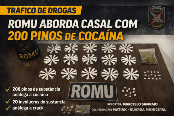 ROMU aborda casal e apreende 200 pinos de cocaína durante patrulhamento em Araucária