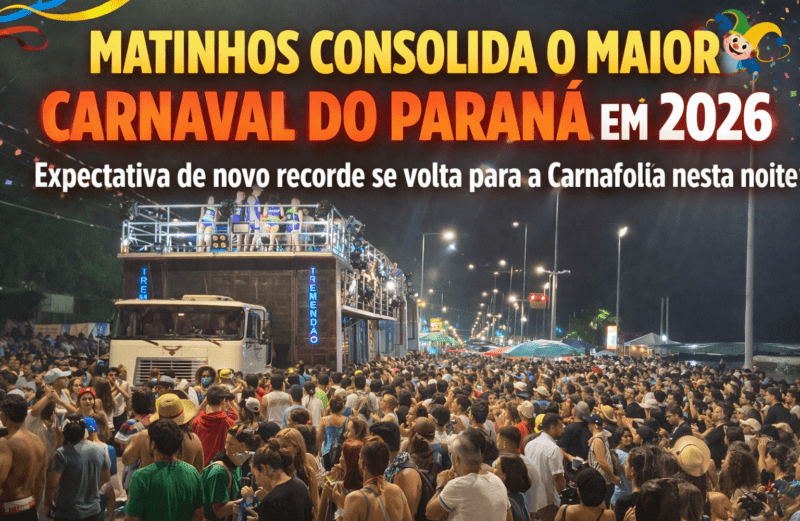 MATINHOS CONSOLIDA O MAIOR CARNAVAL DO PARANÁ EM 2026 E EXPECTATIVA É DE NOVO RECORDE COM A CARNAFOLIACom 660 mil foliões nos dois primeiros dias, cidade vive o auge da festa e se prepara para mais uma noite histórica nesta segunda-feira (16)
