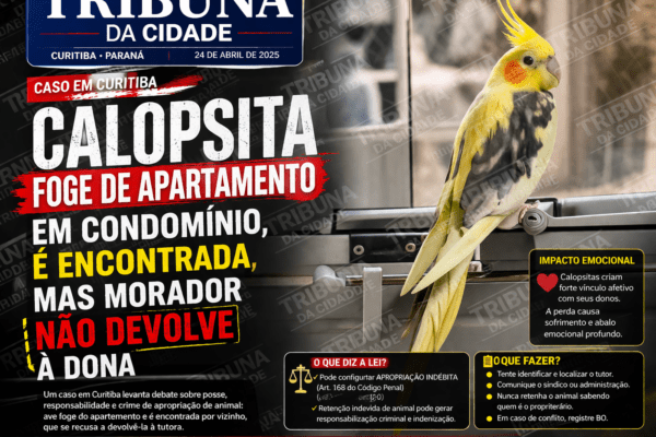 CALOPSITA FOGE EM CONDOMÍNIO DE CURITIBA, É ENCONTRADA POR MORADOR E NÃO É DEVOLVIDA À DONA