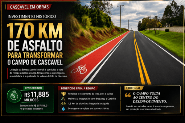 INFRAESTRUTURA | CASCAVEL ACELERA REVOLUÇÃO NO CAMPO: R$ 11,8 MILHÕES EM ASFALTO GARANTEM MAIS PRODUÇÃO, MOBILIDADE E DESENVOLVIMENTO