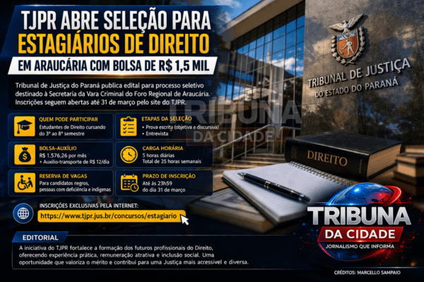 TRIBUNAL DE JUSTIÇA DO PARANÁ ABRE SELEÇÃO PARA ESTAGIÁRIOS DE DIREITO EM ARAUCÁRIA COM BOLSA DE R$ 1,5 MIL
