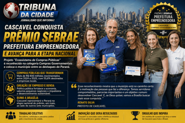 Cascavel conquista prêmio estadual do Sebrae e reforça protagonismo em compras públicas com liderança do prefeito Renato Silva
