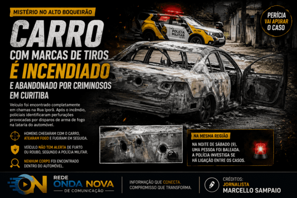 MISTÉRIO NO ALTO BOQUEIRÃO | Carro com marcas de tiros é incendiado e abandonado em Curitiba